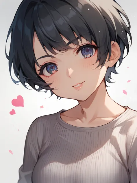 score_9, score_8_ up, score_7_ up, score_6_ up, score_5_ up, anime，nsfw， uncensored ，( chibi:1.5)，1 girl, solo, black hair, ribbed sweater, gradient background, gray background, portrait, stares at viewers, Tang Yu，Heart Particles，depth of field，Pretty Cur...