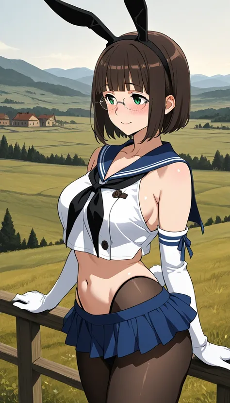 score_9, score_8_up, score_7_up, source_Anime Top Quality、8k、masterpiece、natural light、high accuracy、Perfect Anatomy、One woman、Mature Woman、medium chest、saggy breasts:1.5, short hair, dark brown hair, blunt bangs, green eyes, rimless eyewear,( Happy Expres...