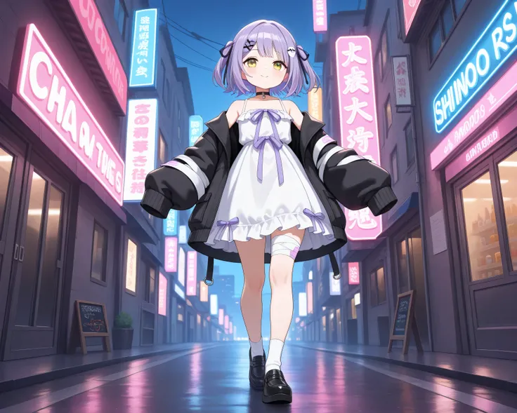 (best quality,amazing quality,very aesthetic,absurdres,newest,4k,8k), shinomiya runa, 1girl, virtual youtuber, purple hair, two side up, short hair, yellow eyes, hair ribbon, black ribbon,hair ornament, hairclip, black choker, white dress, frilled dress, f...