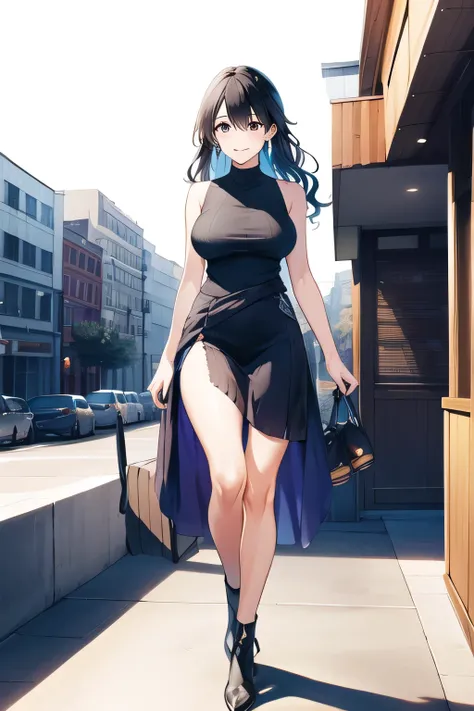 nice smiles,I'm drawing facial expressions。draw her expression more delicately,Faces are very important,can I draw a sleeveless dark blue long dress,Big Breastsでもウエストが細い,{{X}},can I draw her expression more delicately,walking alone, city tour ...