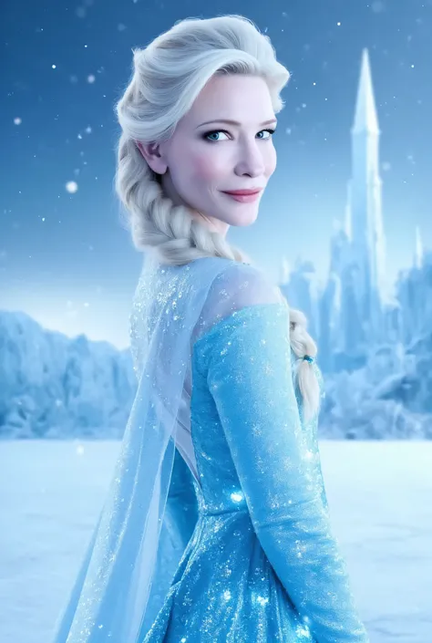 "Full-body portrait of Cate Blanchett as Elsa from Disney's Frozen, wearing Elsa's iconic icy blue gown with shimmering snowflake patterns and a translucent cape, platinum blonde hair styled in a loose braid over her shoulder, standing in a majestic snowy ...