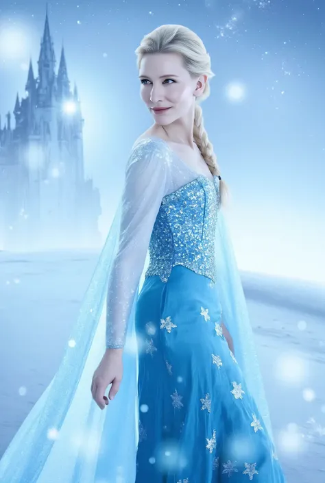 "Full-body portrait of Cate Blanchett as Elsa from Disney's Frozen, wearing Elsa's iconic icy blue gown with shimmering snowflake patterns and a translucent cape, platinum blonde hair styled in a loose braid over her shoulder, standing in a majestic snowy ...
