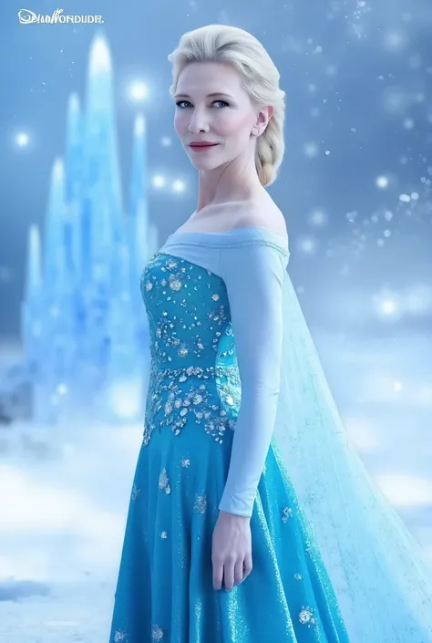 "Full-body portrait of Cate Blanchett as Elsa from Disney's Frozen, wearing Elsa's iconic icy blue gown with shimmering snowflake patterns and a translucent cape, platinum blonde hair styled in a loose braid over her shoulder, standing in a majestic snowy ...