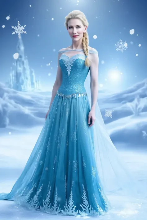 "Full-body portrait of Cate Blanchett as Elsa from Disney's Frozen, wearing Elsa's iconic icy blue gown with shimmering snowflake patterns and a translucent cape, platinum blonde hair styled in a loose braid over her shoulder, standing in a majestic snowy ...
