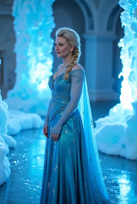 "Full-body portrait of Cate Blanchett as Elsa from Disney's Frozen, inside the magical ice castle, wearing Elsa's shimmering icy blue gown with snowflake patterns and translucent cape, platinum blonde hair in a loose side braid, surrounded by glowing ice p...
