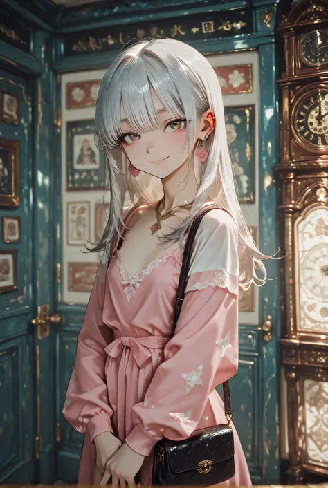 1 girl,Short silver hair,pink dress with open chest, piercing,ネク,clock,handbag,V sign, stares at viewers.upper body,smile,vision,delicate,details,illustration style animation