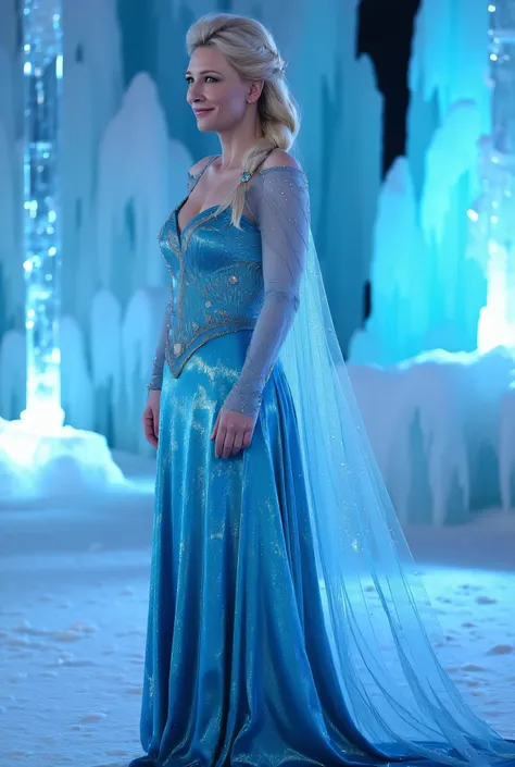 "Full-body portrait of Cate Blanchett as Elsa from Disney's Frozen, inside the magical ice castle, wearing Elsa's shimmering icy blue gown with snowflake patterns and translucent cape, platinum blonde hair in a loose side braid, surrounded by glowing ice p...