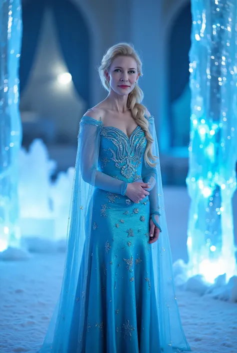 "Full-body portrait of Cate Blanchett as Elsa from Disney's Frozen, inside the magical ice castle, wearing Elsa's shimmering icy blue gown with snowflake patterns and translucent cape, platinum blonde hair in a loose side braid, surrounded by glowing ice p...