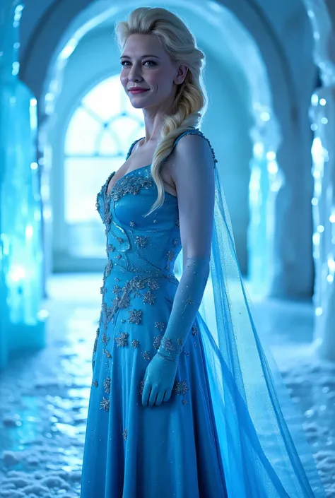 "Full-body portrait of Cate Blanchett as Elsa from Disney's Frozen, inside the magical ice castle, wearing Elsa's shimmering icy blue gown with snowflake patterns and translucent cape, platinum blonde hair in a loose side braid, surrounded by glowing ice p...
