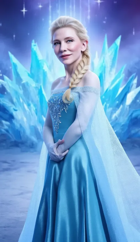 "Full-body portrait of Cate Blanchett as Elsa from Disney's Frozen, wearing Elsa's elegant icy blue gown with translucent cape and snowflake details, platinum blonde hair styled in a loose braid, standing confidently in front of a stylized, magical backgro...