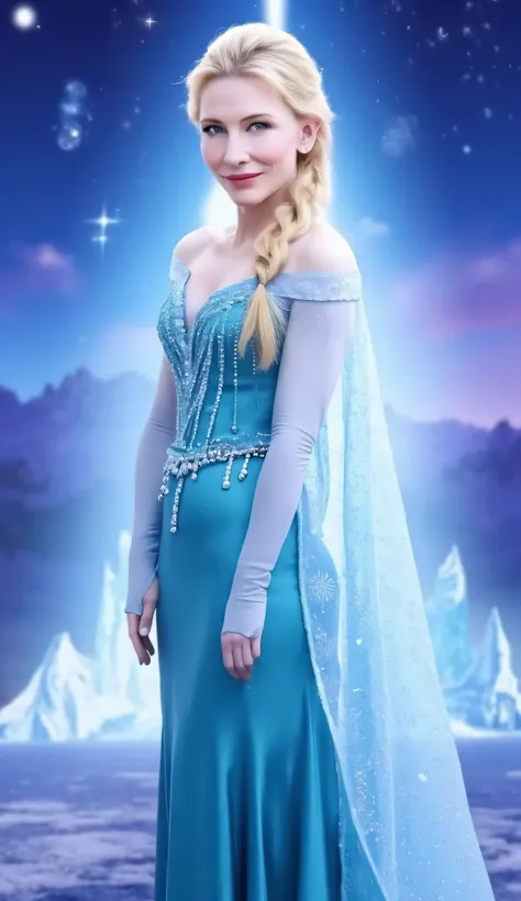 "Full-body portrait of Cate Blanchett as Elsa from Disney's Frozen, wearing Elsa's elegant icy blue gown with translucent cape and snowflake details, platinum blonde hair styled in a loose braid, standing confidently in front of a stylized, magical backgro...