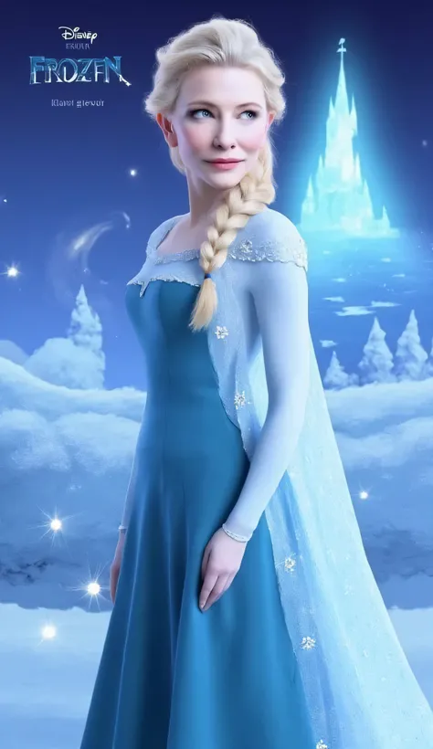 "Full-body portrait of Cate Blanchett as Elsa from Disney's Frozen, wearing Elsa's elegant icy blue gown with translucent cape and snowflake details, platinum blonde hair styled in a loose braid, standing confidently in front of a stylized, magical backgro...