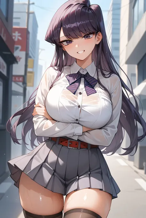 Komi Shouko, long hair, bangs, purple hair, purple eyes, huge breasts, shirt, long sleeves, dress, ribbon, white shirt, collared shirt, belt, neck ribbon, red dress, blue ribbon, pleated dress, grey dress, two-tone dress, red belt, lycoris uniform, (curvy ...