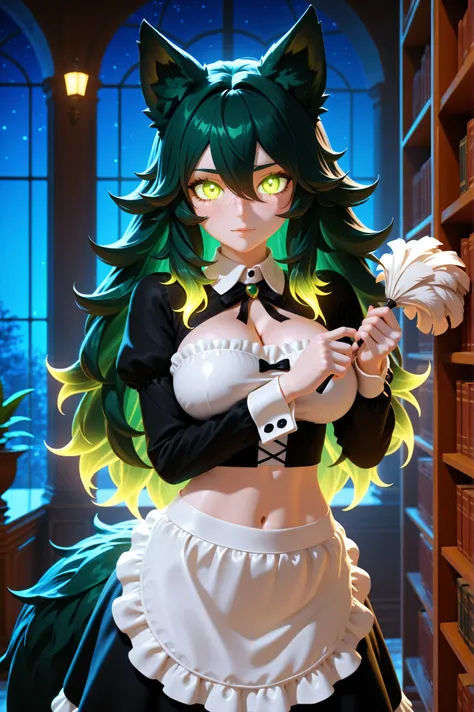 Masterpiece , best quality , amazing quality , absurdres , very aesthetic , lazypos , 3D, 1 woman , 5' tall , slim , medium-big chest , large hip , dark green long hair , fluffy hair , wolf ears , fluffy ears , wolf eye , fluffy tail) , (wearing a maid out...