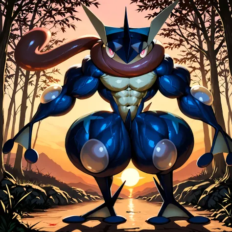 solo, full body, from front, standing, BREAK Greninja(Pokémon), Pokémon(creature), greninja_default, BREAK big eyes, round eyes, slant eyes, reddish pink eyes, looking at viewer, smile, BREAK Huge and strong body of overwhelming muscularity, Hyper Giant mu...