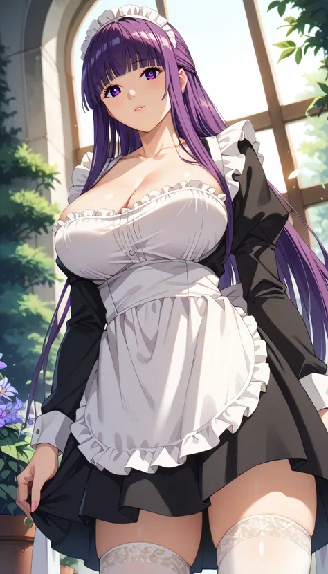 1girl, natural lighting, masterpiece, highly detailed, illustration, game CG, absurdres, high quality, Fern, (large breasts:1.5), long hair, bangs, purple eyes, beautiful detailed eyes, purple hair, sidelocks, blunt bangs, bright pupils, half updo, large b...