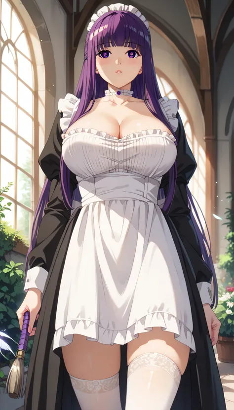 1girl, natural lighting, masterpiece, highly detailed, illustration, game CG, absurdres, high quality, Fern, (large breasts:1.5), long hair, bangs, purple eyes, beautiful detailed eyes, purple hair, sidelocks, blunt bangs, bright pupils, half updo, glossy ...