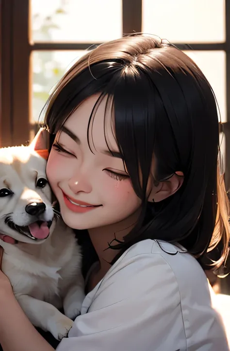 puppy licking girl cheek, girl smiling with joy, eyes closed, soft warm lighting, high detail