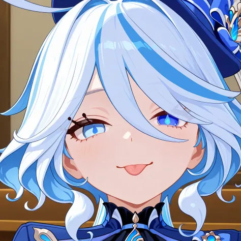 furina genshin impact, close up, showing confidence, head tilt, smug face, tongue out