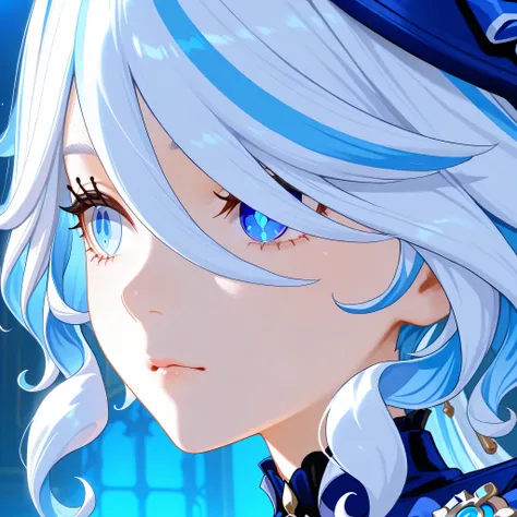 furina genshin impact, A face showing subtle defiance, close-up shot, dramatic lighting.