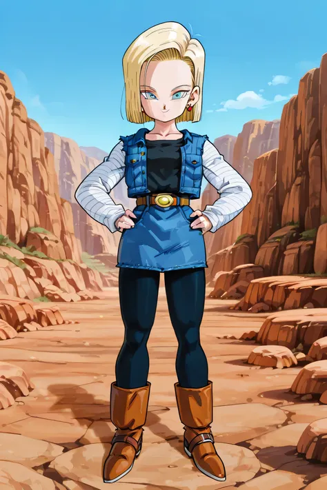 android 18, blue eyes, short blonde hair, earrings,denim skirt, black shirt, long striped sleeves, brown belt, black pantyhose, denim vest, boots, looking at viewer, smiling, full body shot, standing, hands on hips, canyon, rocks, blue sky, high quality, m...