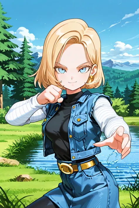 masterpiece,best quality,mount paozu,nature, a18, 1girl,solo, blonde hair,light blue eyes, short hair, black shirt, white striped sleeves, blue denim skirt,(gold belt buckle:1.11), long sleeves,blue denim jacket, breast pocket,open jacket, grass, bush, thi...