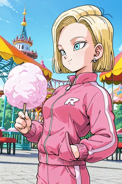 masterpiece, best quality, amazing quality, very aesthetic,
android18, 1girl, solo, blonde hair, blue eyes, short hair,,
outif3, jacket, pink jacket, pants, track suit,
one hand in pocket, colorful, cinematic atmosphere, amusement park, holding cotton cand...