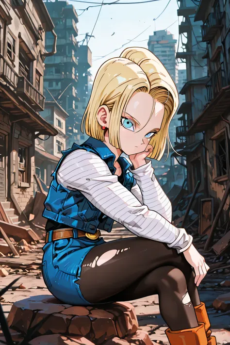 masterpiece, best quality, amazing quality, very aesthetic, absurdres,
android18, 1girl, solo, blonde hair, blue eyes, short hair,,
outif1, stripped sleeves, denim jacket, denim skirt, pantyhose, belt, torn sleeves, long sleeves,,
sitting, crossed legs, sq...