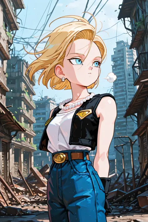 masterpiece, best quality, amazing quality, very aesthetic, absurdres,
android18, 1girl, solo, blonde hair, blue eyes, short hair,,
outif2, pearl necklace, belt, denim, black jacket, sleeveless jacket, white shirt, black gloves,,
looking away, arms behind ...