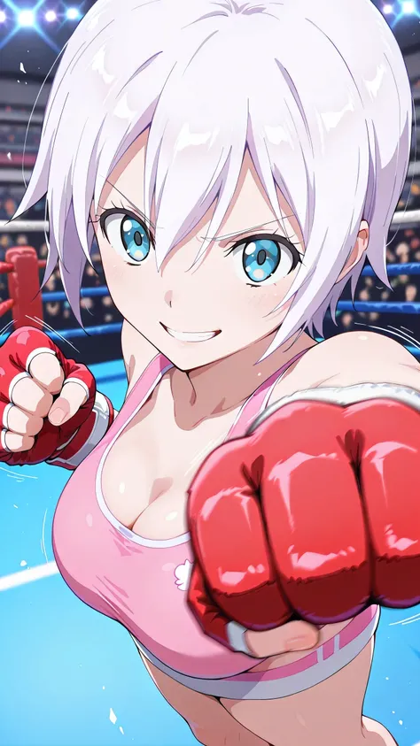 lisanna strauss, short hair, blue eyes, hair between eyes, white hair,, solo, Detailed eyes, pink sports bra, pink sports very short spats, white fingerless gloves, thigh, cleavage, slim long legs, medium breast, serious grin, looking at viewer, Detailed e...