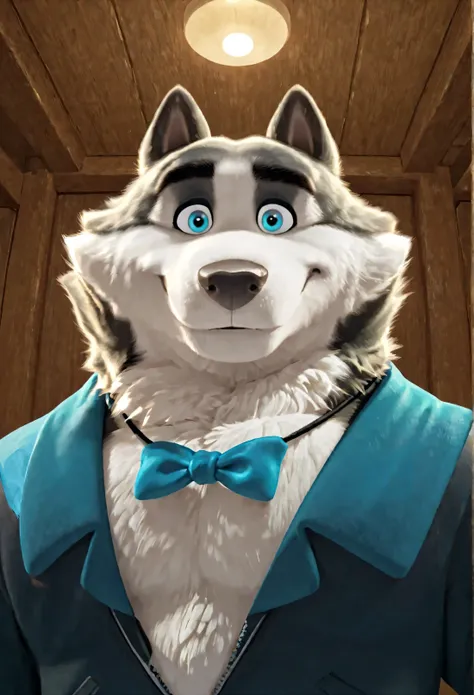 Duke (Arctic Dogs), anthro dog, black fur, white fur, male, blue eyes, shirtless, high quality, half body, standing, looking at viewer, solo, speedos, simple background
