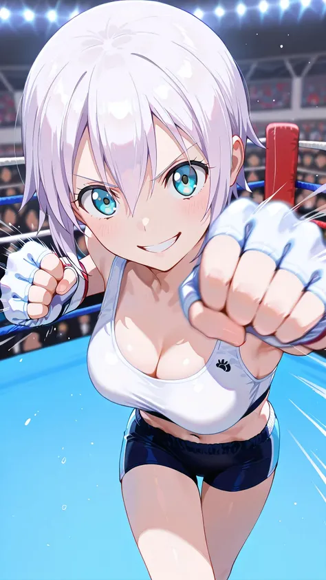 lisanna strauss, short hair, blue eyes, hair between eyes, white hair,, solo, Detailed eyes, white sports bra, black sports very short spats, white fingerless gloves, thigh, cleavage, slim long legs, medium breast, serious grin, looking at viewer, Detailed...