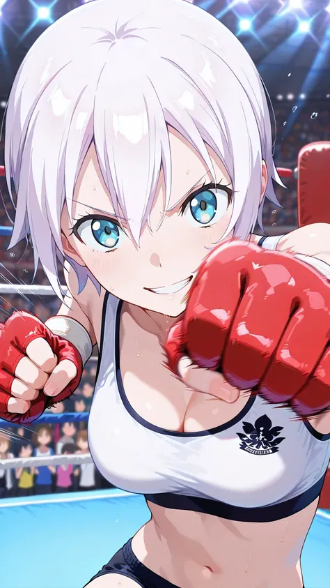 lisanna strauss, short hair, blue eyes, hair between eyes, white hair,, solo, Detailed eyes, white sports bra, black sports very short spats, white fingerless gloves, thigh, cleavage, slim long legs, medium breast, serious grin, looking at viewer, Detailed...