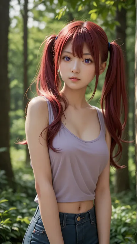 1girl, solo,noyamano ringo,scarlet hair,long hair,outdoors,potrait,forest background,medium breast,purple eyes,wear khaki tanktop,twintails, navel