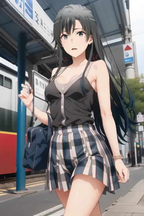 nice smilesの20歳の成人女性,Please draw long black hair,Big BreastsをさらにBig Breastsに描いて下さい,Big Breastsでもウエストが細い,nice smiles,Can you draw a woman looking at a train,draw a woman waiting in front of the car in front of you,東京の地下鉄ホームでwaiting for the train女性は描けますか, ,c...