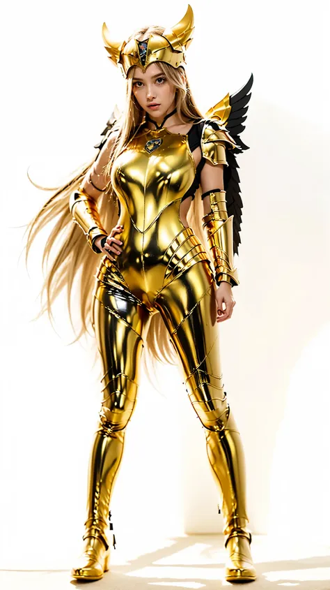 a close up of a person in a yellow suit with a yellow and black costume, garota Knights of the Zodiac, Knights of the Zodiac, portrait garota Knights of the Zodiac, O Marinheiro Galaxia. bela, Golden Armor, Angelic Golden Armor , wearing golden armor, g...