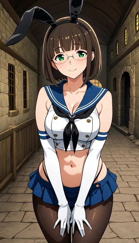 score_9, score_8_up, score_7_up, source_Anime Top Quality、8k、masterpiece、natural light、high accuracy、Perfect Anatomy、One woman、Mature Woman、medium chest、saggy breasts:1.5, short hair, dark brown hair, blunt bangs, green eyes, rimless eyewear,( Happy Expres...