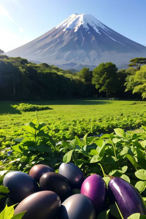 Highest Quality、masterpiece、Clear blue sky、Eggplants are growing just before a hawk flies in the distance、Eggplants are growing in the foreground、 Mount Fuji in the background 、 by the back light of the snake