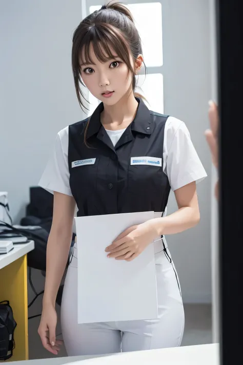 A selfie photo, a girl with a ponytail hair, having bangs in front, black color, wearing a safety work uniform, In a work room at night. White room background, camera angle or POV like taking a selfie of herself,8k, masterpiece, best quality, high resoluti...