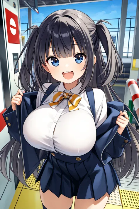Highest Quality、masterpiece、female, Big Breasts, Station Platform,big smile、In a joking manner、(3人のfemaleがStation Platformで自撮りをしている:1.5), jk uniform、cute