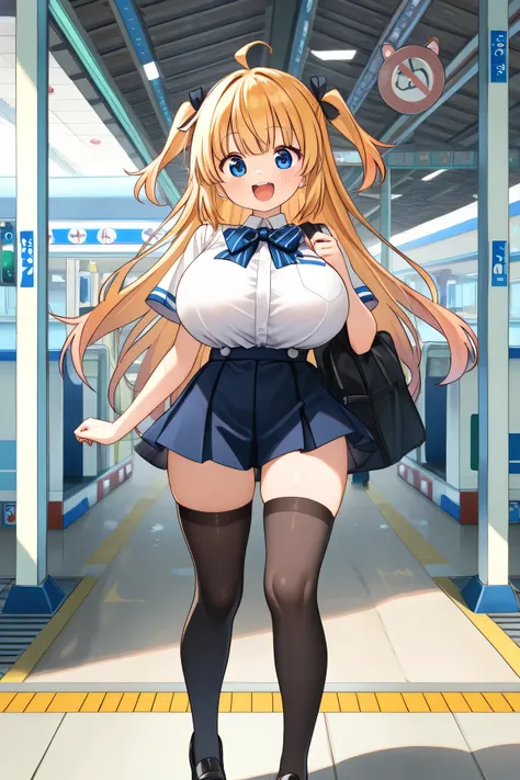 Highest Quality、masterpiece、female, Big Breasts, Station Platform,big smile、In a joking manner、(3人のfemaleがStation Platformで自撮りをしている:1.5), jk uniform、cute