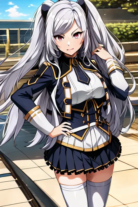  Military Uniform ，silver hair,twin tail hair，nice smiles，Big Breastsでもウエストが細い，miniskirt,The face is very important,can you draw a woman staring at a train，Please draw a picture of a woman waiting in front of a car，東京の地下鉄ホームでwaiting for the train女性は描けますか， ...