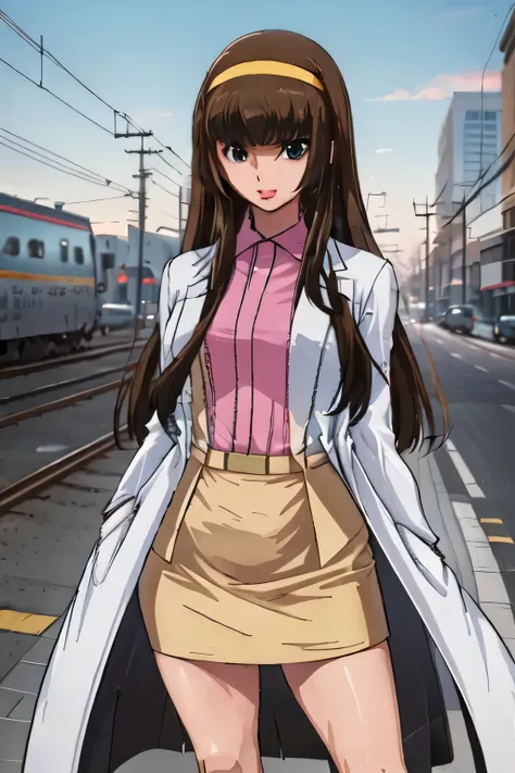 nice smiles,The face is very important,Brown Straight Long Hair，Big BreastsをさらにBig Breastsに描いて下さい，miniskirt，Yellow hair band on the head,，nice smiles，Can you draw a woman looking at a train，draw a woman waiting in front of the car in front of you，東京の地下鉄ホーム...