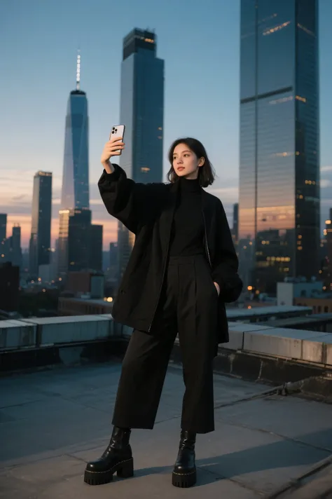 Highest Quality、iPhone camera-like high-resolution photo、natural light、vivid colors、shallow depth of field、realistic details、HDR effects 、On the rooftop at dusk、a girl taking a selfie with the skyline of a skyscraper in the background、black oversized jacke...