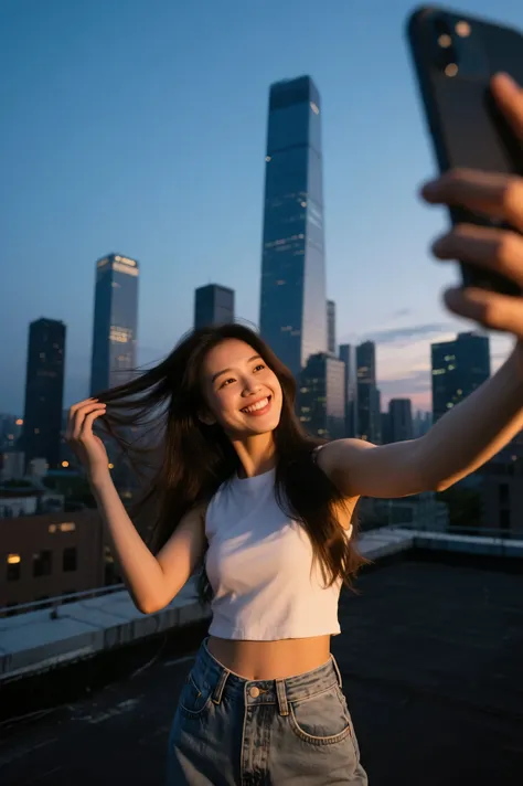 Highest Quality、iPhone camera-like high-resolution photo、natural light、vivid colors、shallow depth of field、realistic details、HDR effects 、On the rooftop at dusk、Girl taking a selfie with the skyline of a skyscraper in the background、long hair fluttering in...