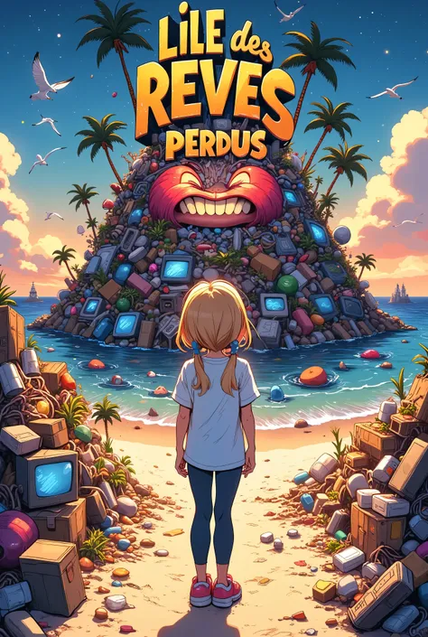 A whimsical, vibrant illustration featuring the title : “L'ILE des REVES PERDUS” made in recycled waste, garbage damaged letters in a grunge, gross, cartoon font, this title on top of a nasty polluted island hill made of trash like a smiling welcoming frie...