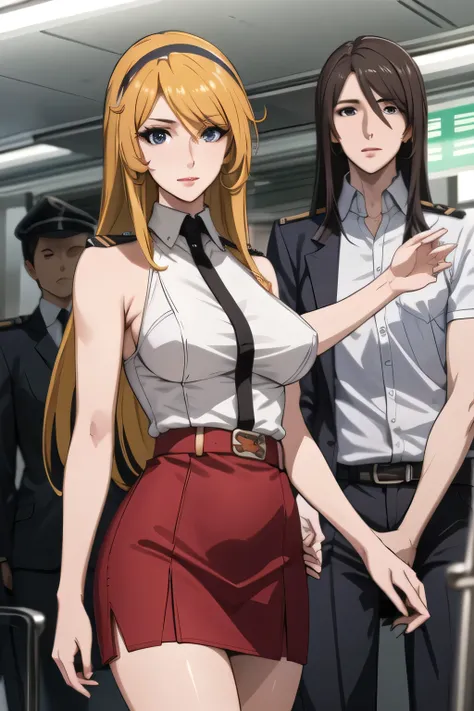 Can you draw a red bean colored military uniform,miniskirt,nice smiles,Faces are very important,Brown Straight Long Hair，Big BreastsをさらにBig Breastsに描いて下さい，miniskirt，Yellow hair band on the head,，nice smiles，Can you draw a woman looking at a train，draw a wo...