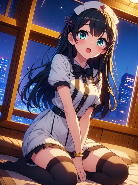 Highly detailed, high quality, masterpiece, beautiful, (all photo shooting, low angle), girl  student, open legs, perfect eyes, green eyes, light eyes, blushing face, happy face, big thighs, medium chest, short stature, long hair, black hair, with bracelet...