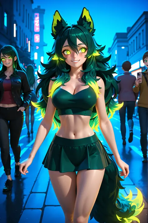 Masterpiece , best quality , amazing quality , absurdres , very aesthetic , lazypos , 3D, shot from iPhone, (1 woman , 5' tall, slim , medium-large chest , large hip , thigh gap , (dark green long hair) , fluffy hair , wolf ears , fluffy ears , fluffy tail...