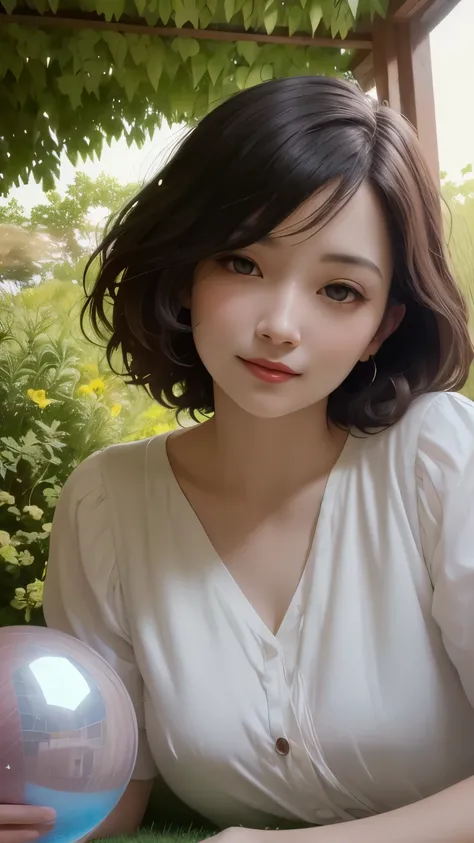 382 (20 year old woman),(short hair),(gentle smile),(high quality photos),( cinematic pictures playing on the lawn ),(colorful),(Crystal Ball),((contrast between light and shade))